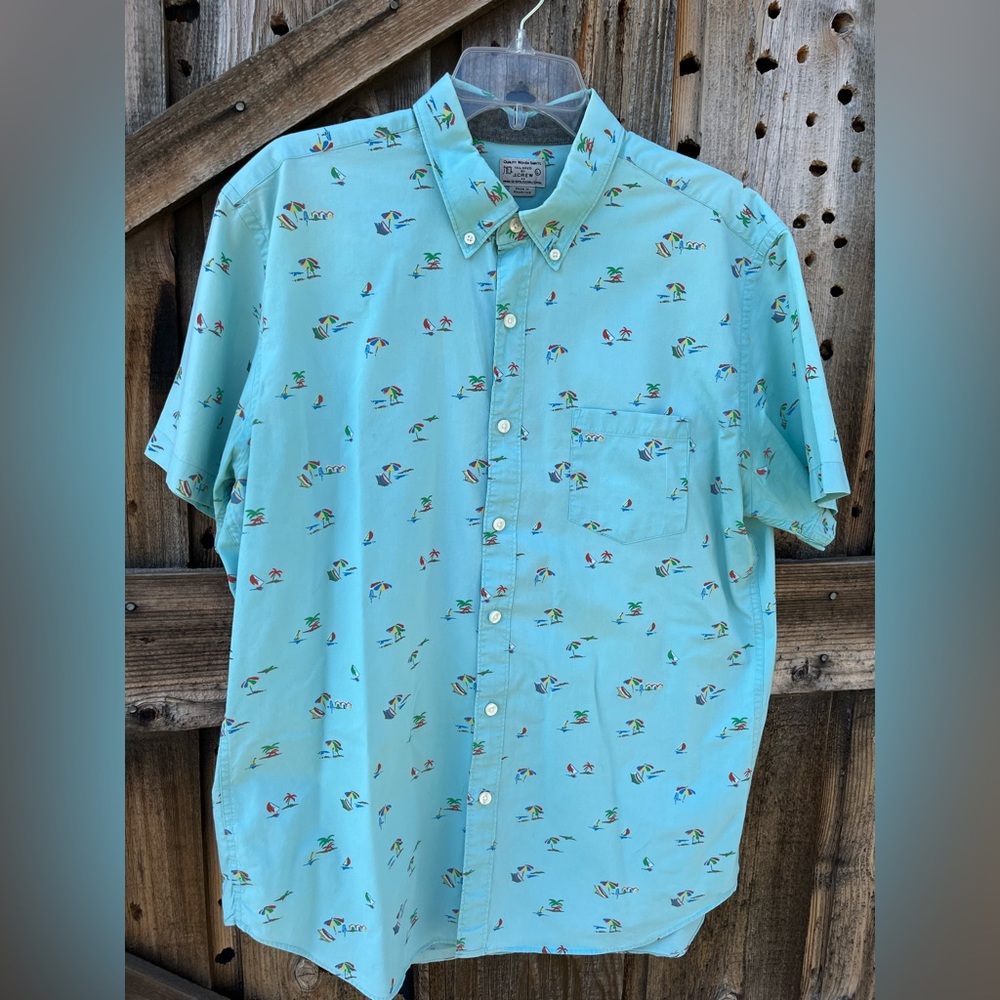 J Crew Sailboat Shirt Mens Turquoise Cotton Short Sleeve Button Up Large